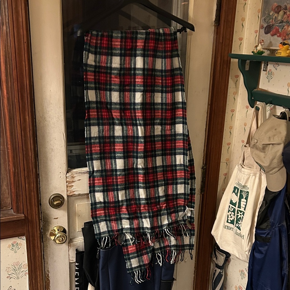 J. Crew wool blend plaid scarf red white blue green
